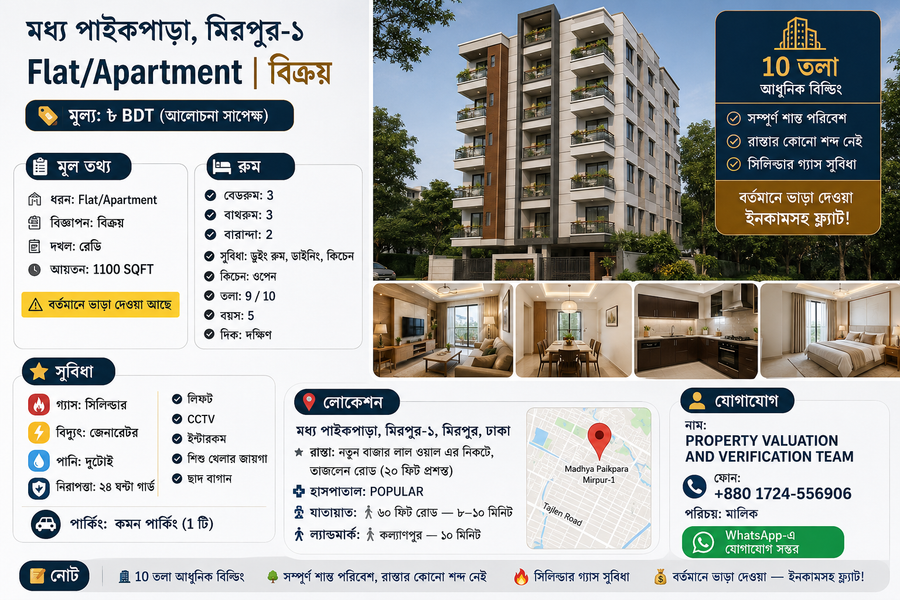 মধ্য পাইকপাড়া, মিরপুর-১ | Flat/Apartment | বিক্রয়